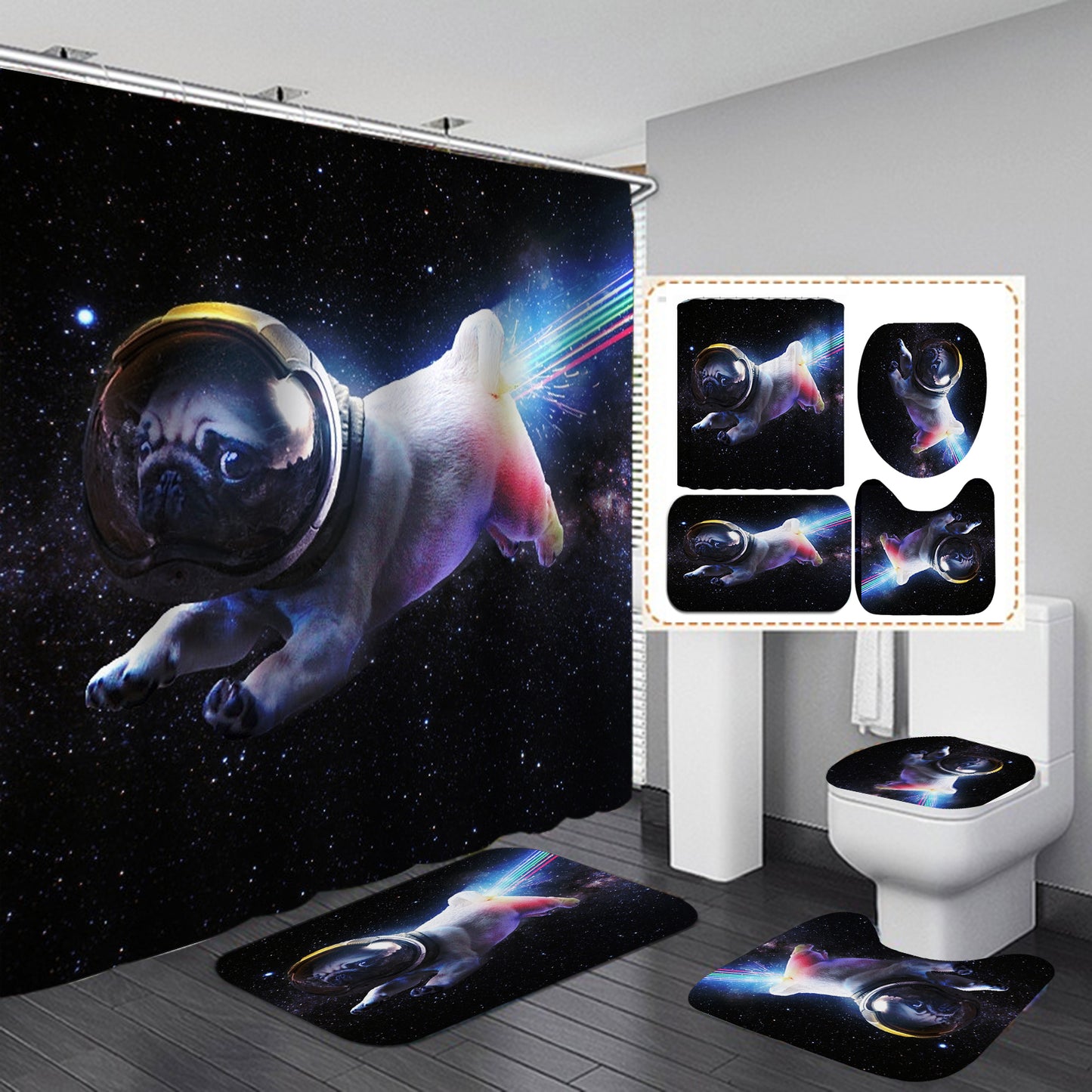 Funny Flying Dog at Space Astronaut Pet Pug Shower Curtain