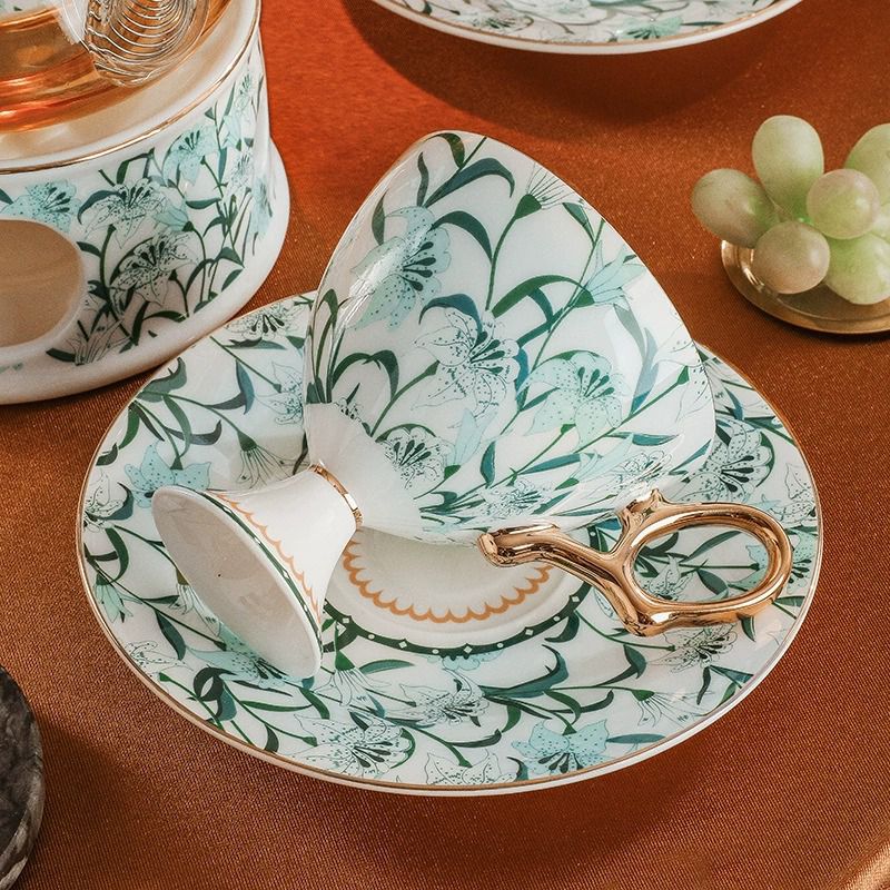 Botanical Lilies Teal Tea Cup and Saucer Set