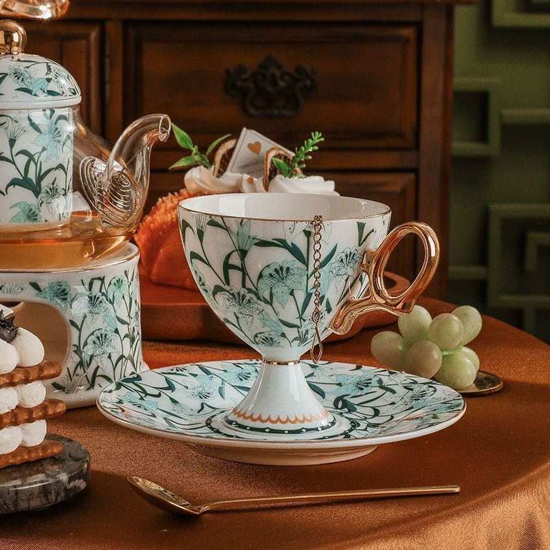 Botanical Lilies Teal Tea Cup and Saucer Set