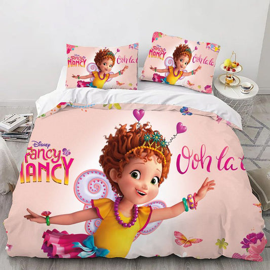 Fancy Nancy themed bedding set with character design on a bed.
