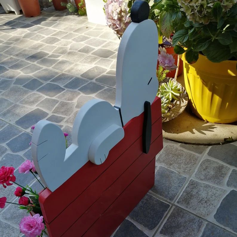 jardinière Snoopy pot de fleur extérieur, en bois de Noël - 43x55x20 cm