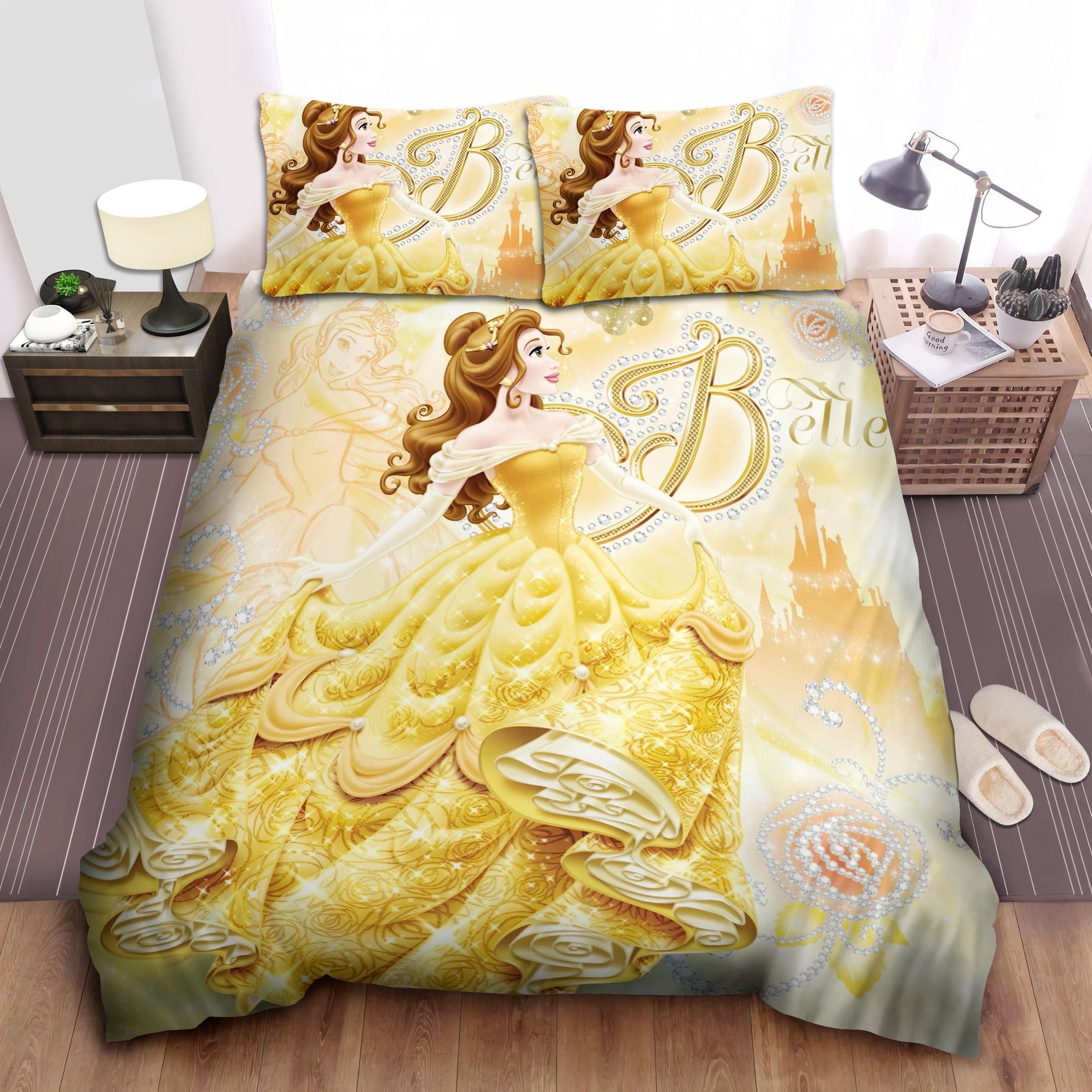 Princess Belle Bedding Set Yellow Sparkle Jewelry Cartoon Disney Duvet Covers Pillow Cover Bedroom Set HeartCasa