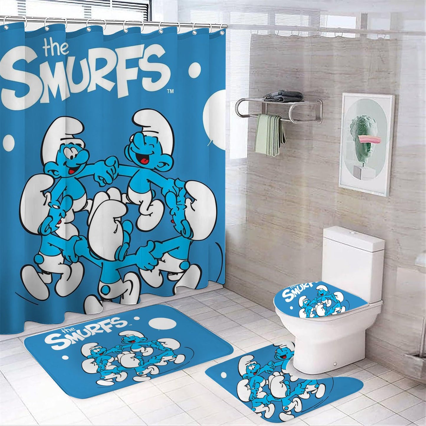 Cartoon Tiny Blue Creatures Shower Curtain