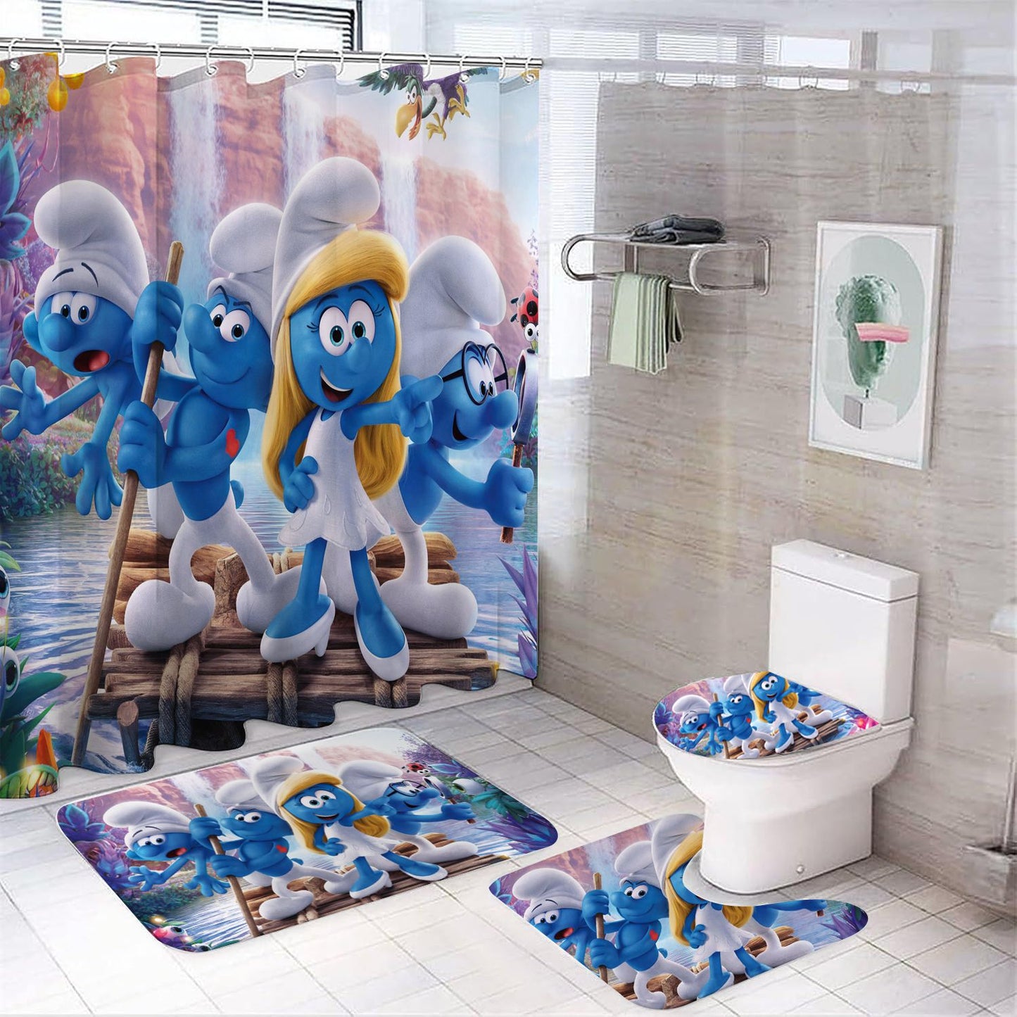 Cartoon Tiny Blue Creatures Shower Curtain
