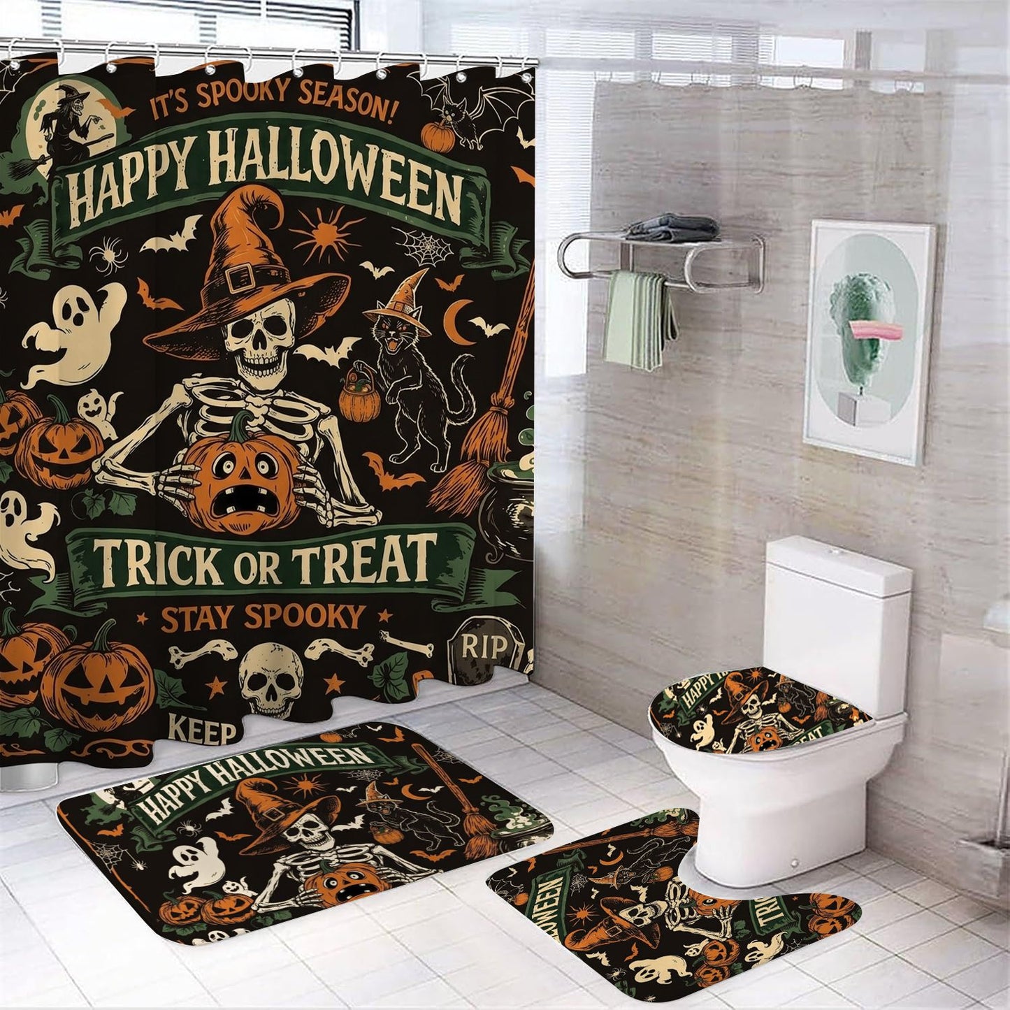 Halloween Spooky Gothic Skeleton Shower Curtain Set