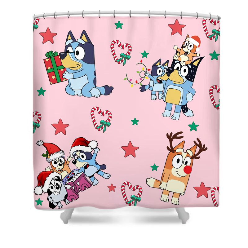 Pink Christmas Blue Puppey Shower Curtain