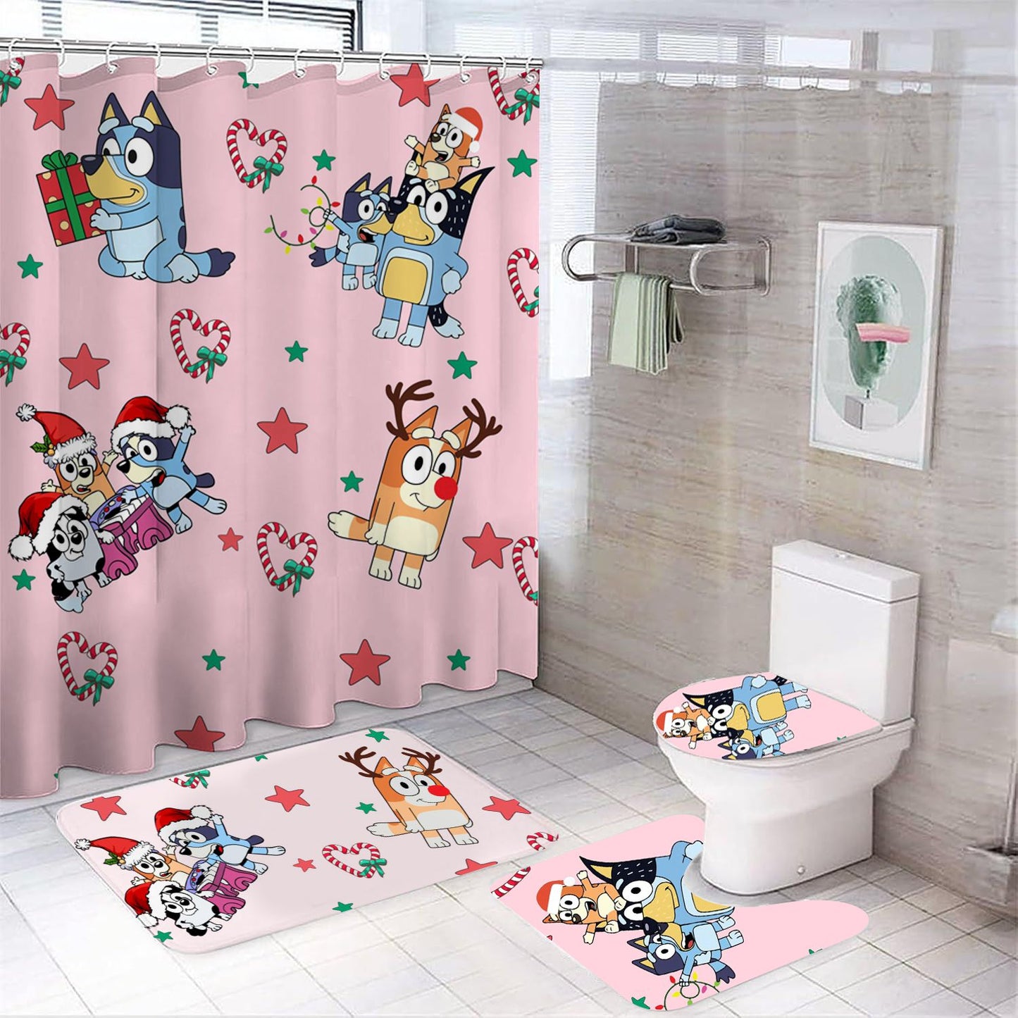 Pink Christmas Blue Puppey Shower Curtain