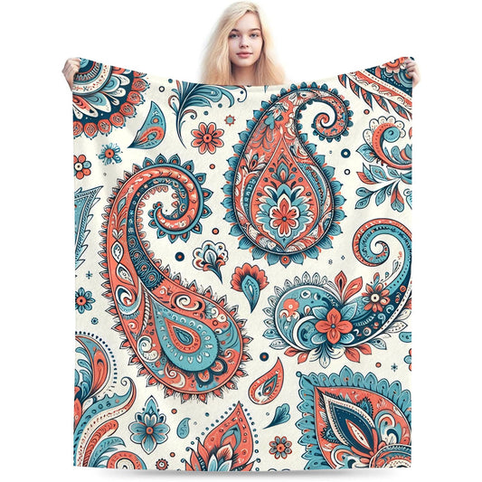 Retro Orange Paisley Flower Throw Blanket