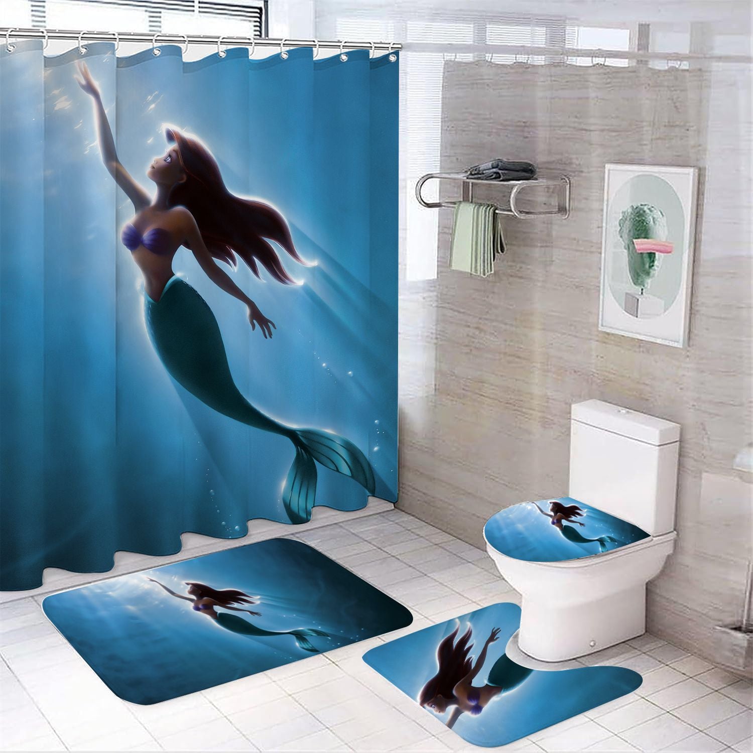 The Little Mermaid Shower Curtain 4Pcs Set, Princess Ariel