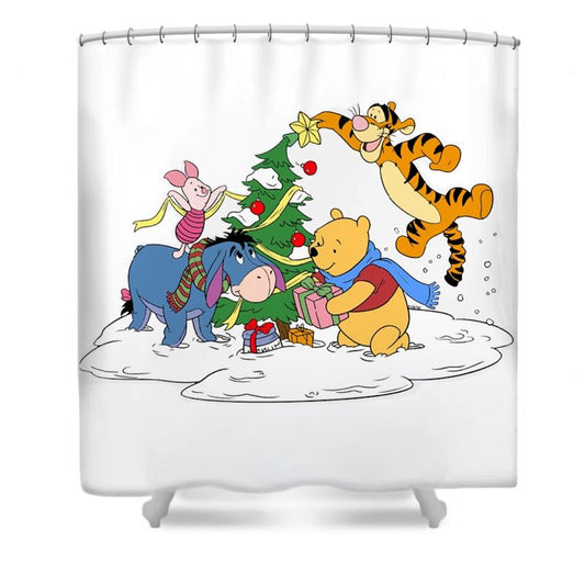 Douchegordijn Winnie The Pooh Kerstmis, Cartoon Zoete Kindervakantie, 180x180cm