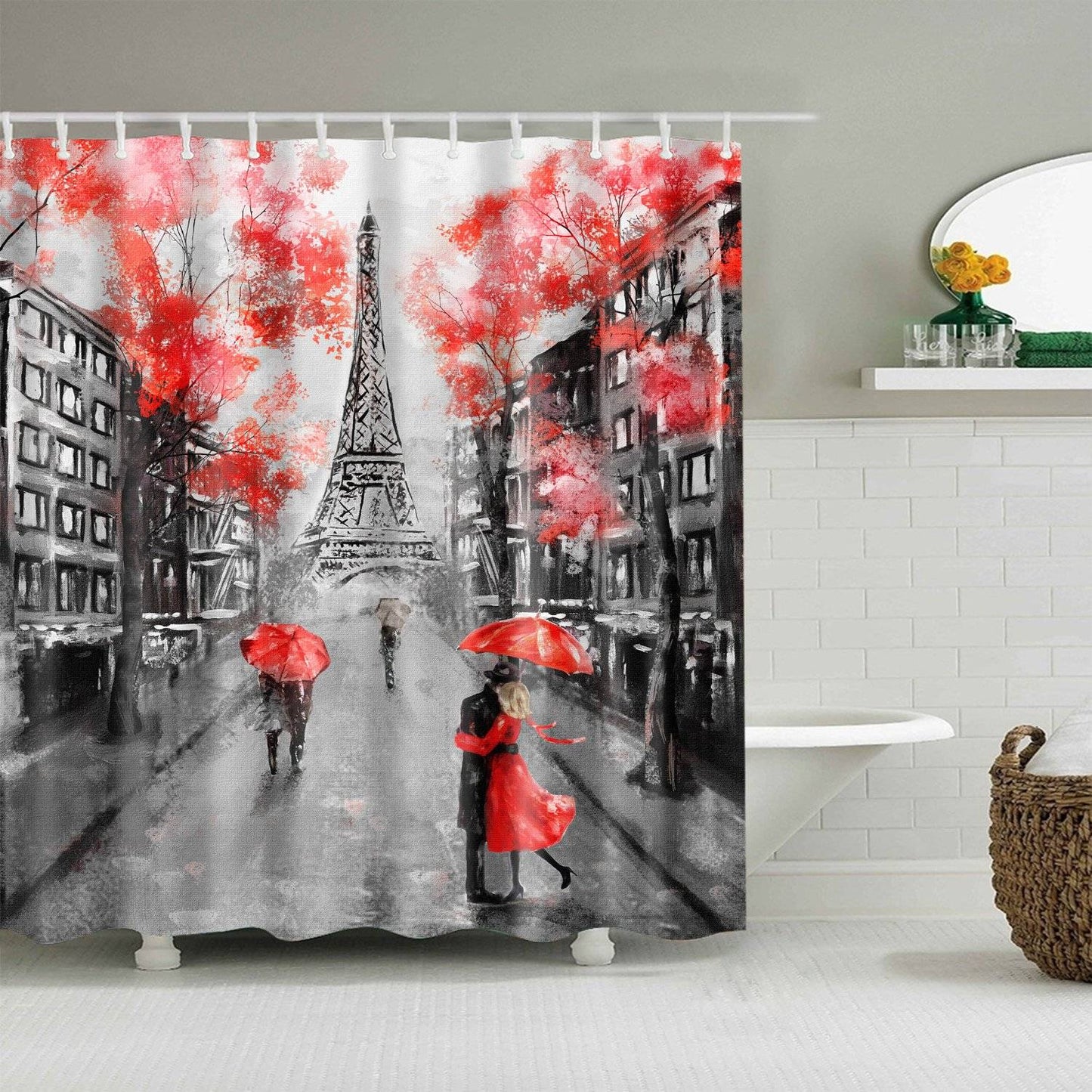 Romantic City Umbrella with Eiffel Tower Paris Shower Curtain