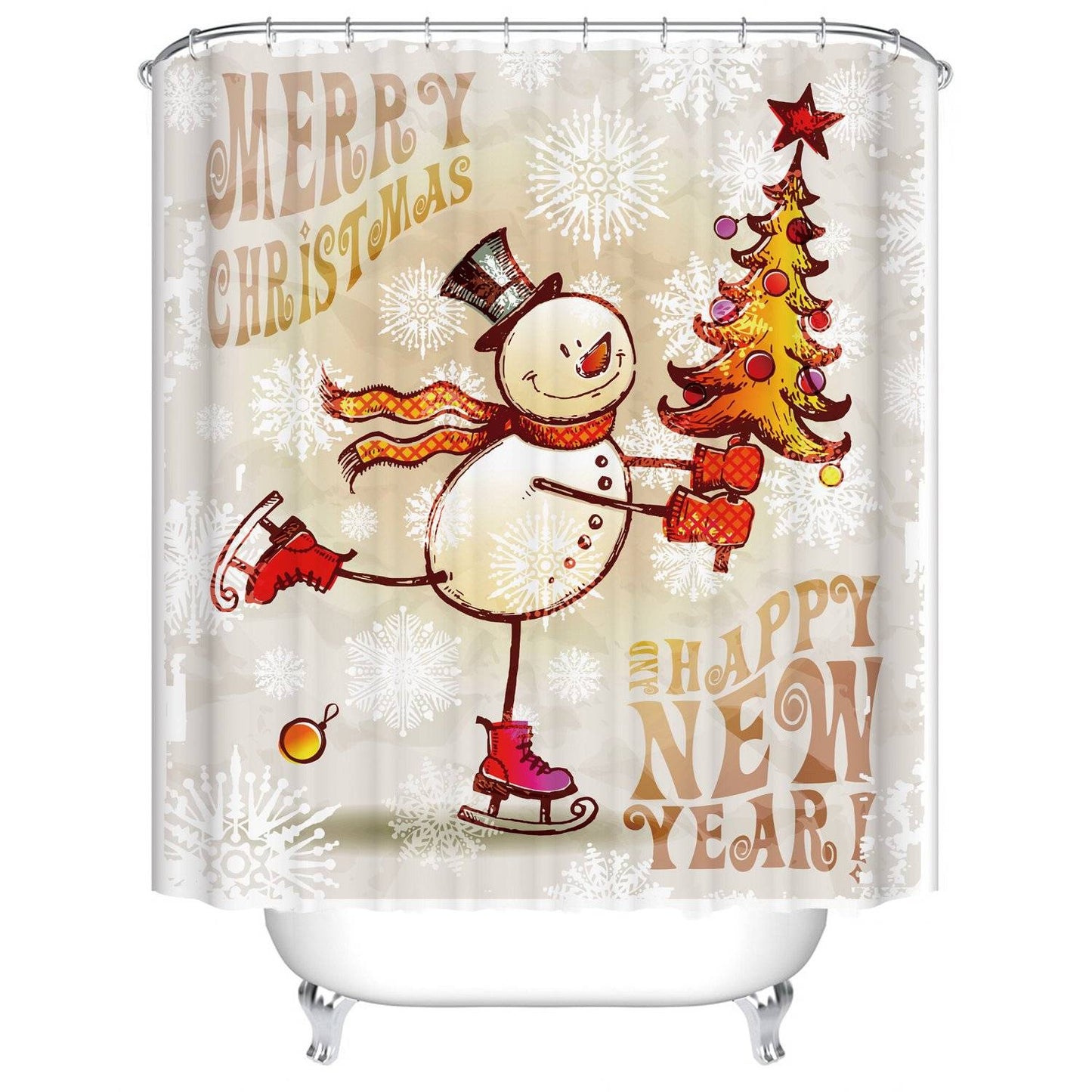 Holding Christmas Tree Golden Cartoon Ice Skating Snowman Shower Curtain