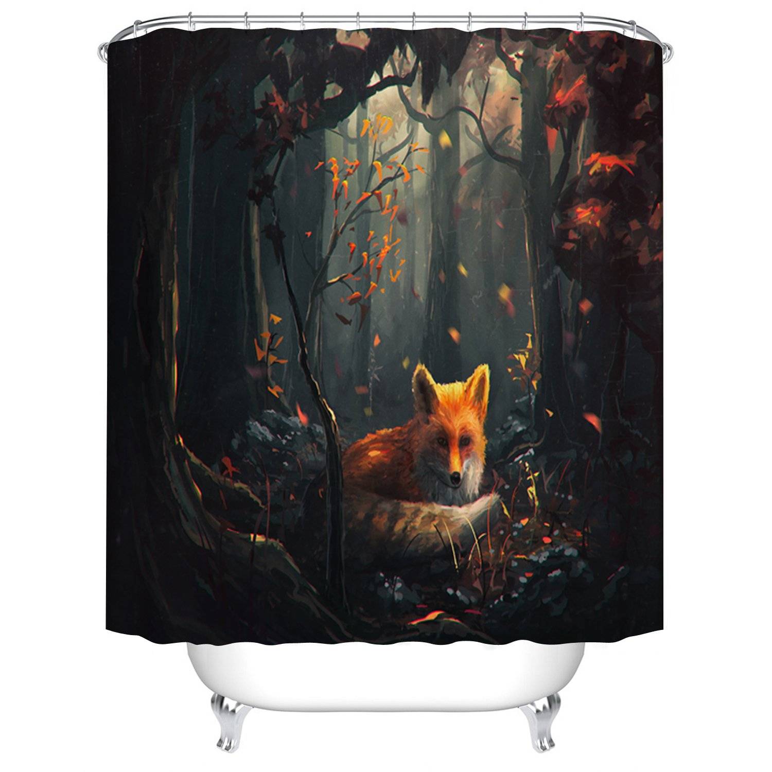 Fantasy Night Fall Autumn Leaves Forest Animal Fox Shower Curtain
