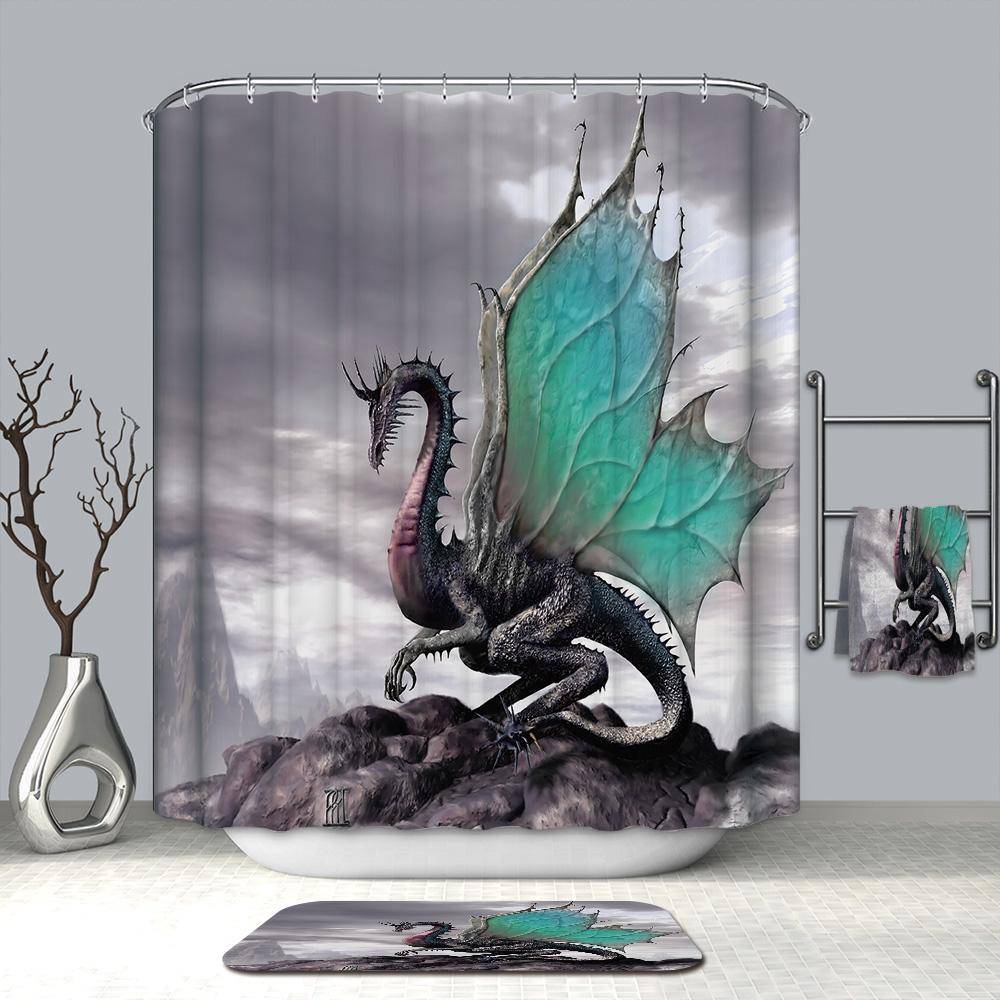 Medieval Mountain Fantastic World Green Wings Dragon Shower Curtain