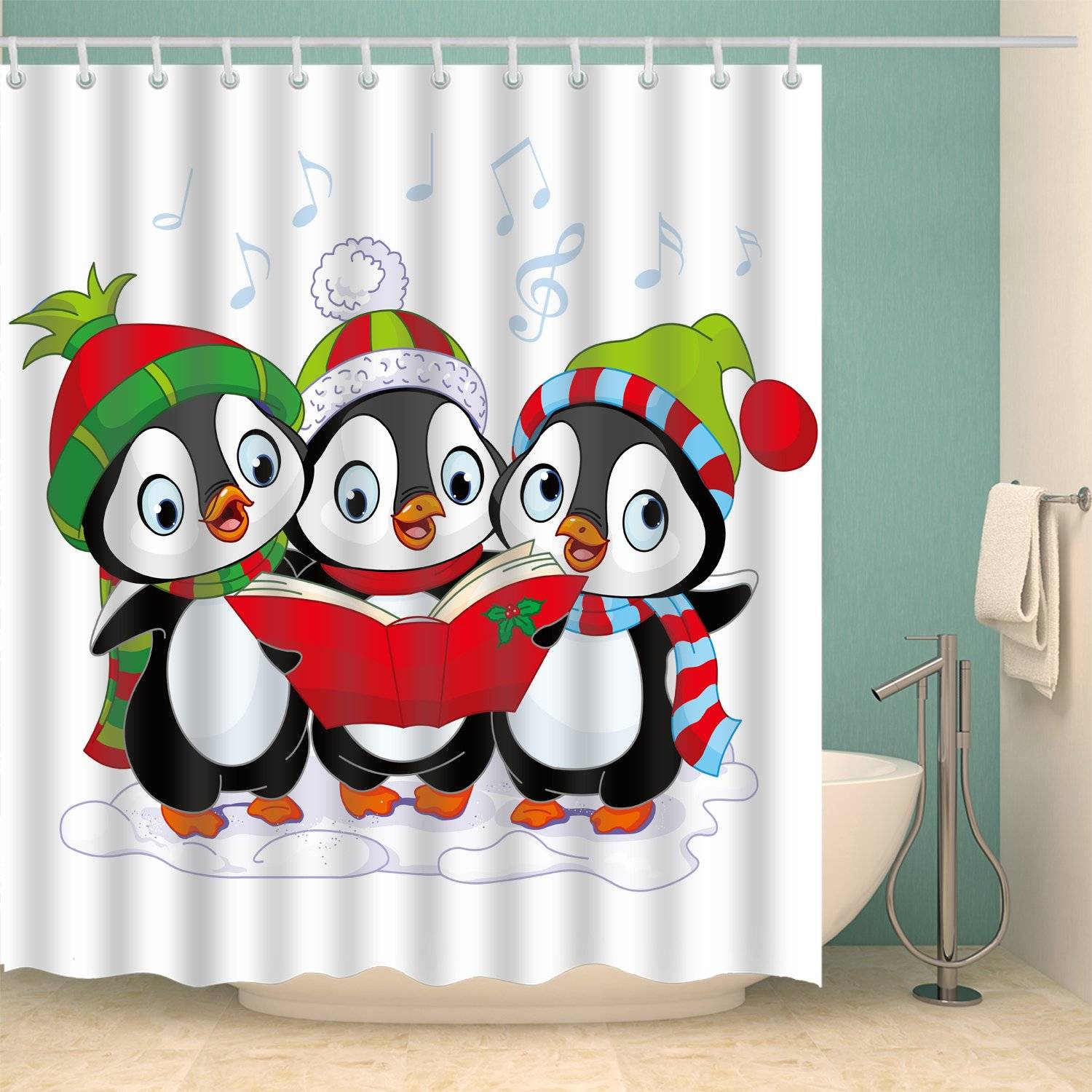 Cartoon Holiday Merry Christmas Penguins Shower Curtain