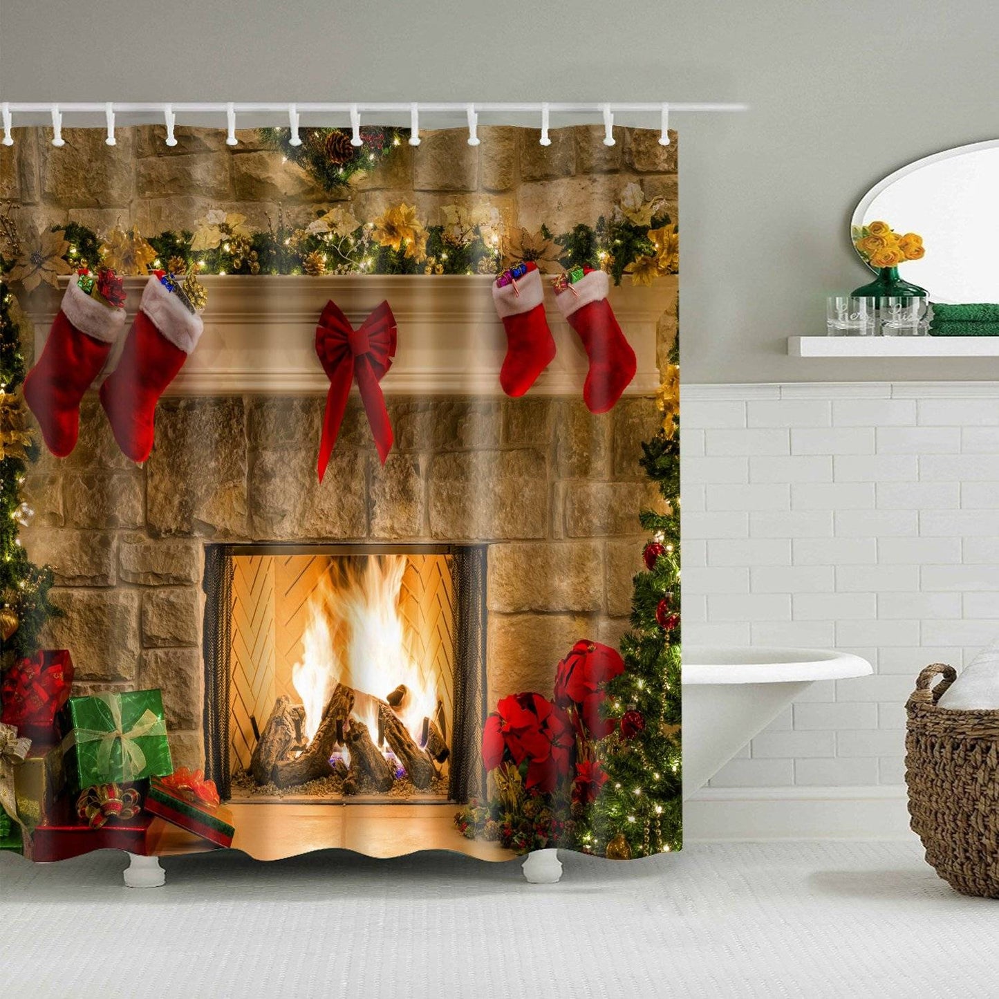 Hanging Christmas Socks Holiday Fireplace Shower Curtain