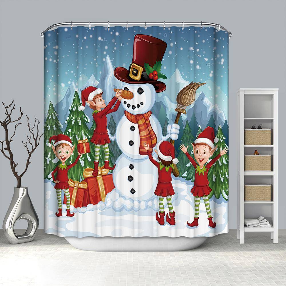 Cartoon Christmas Holiday Elves Decorating Snowman Shower Curtain