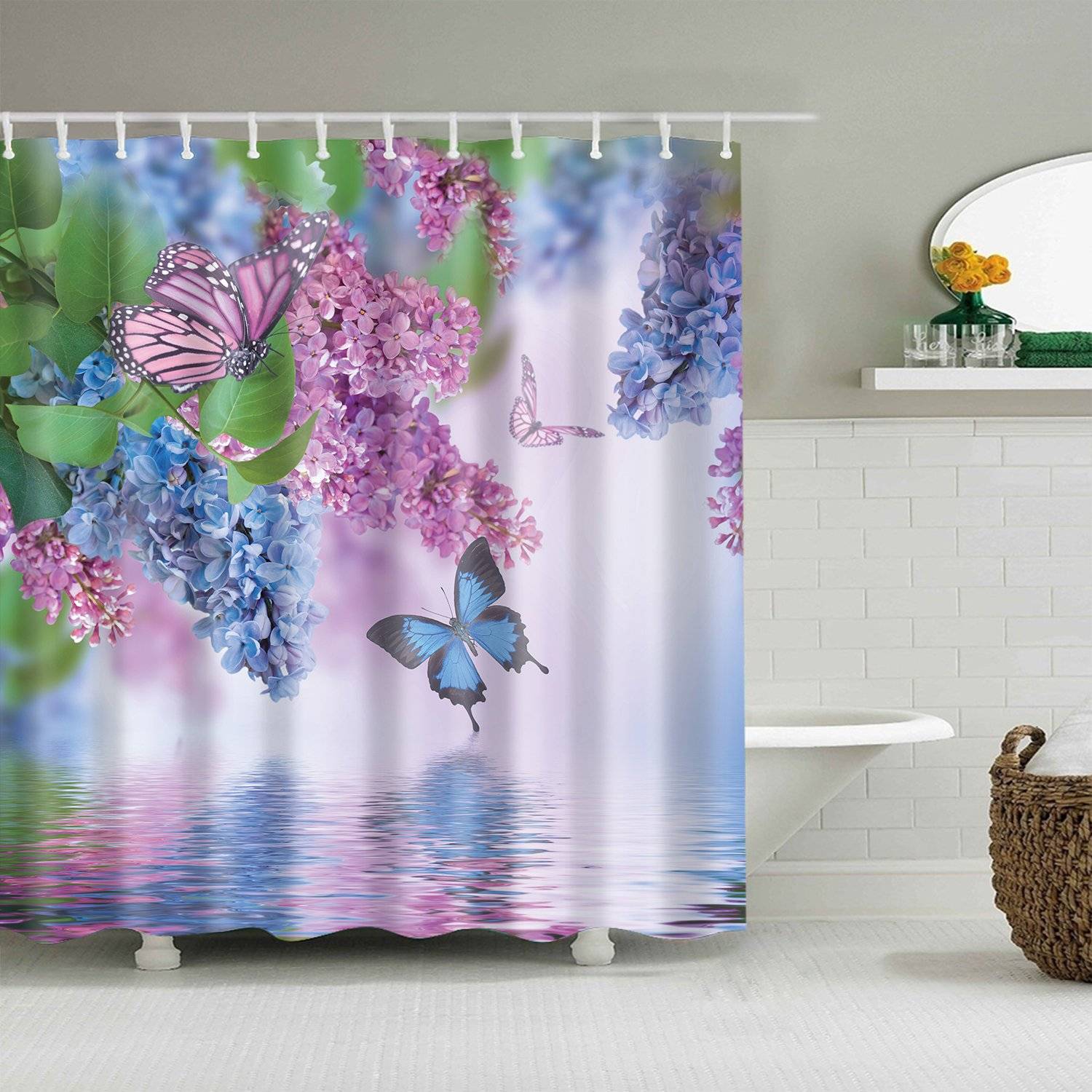 Pink Violet Floral River Butterfly Shower Curtain