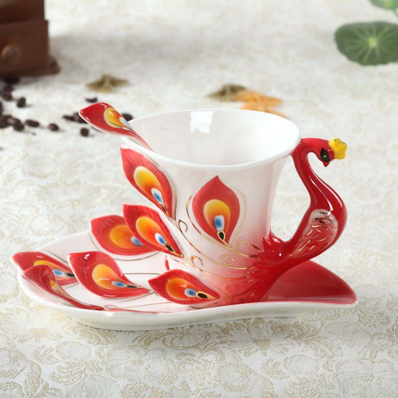 Peacock Feather Shape Tea Cup and Saucer Set - 3 Pieces