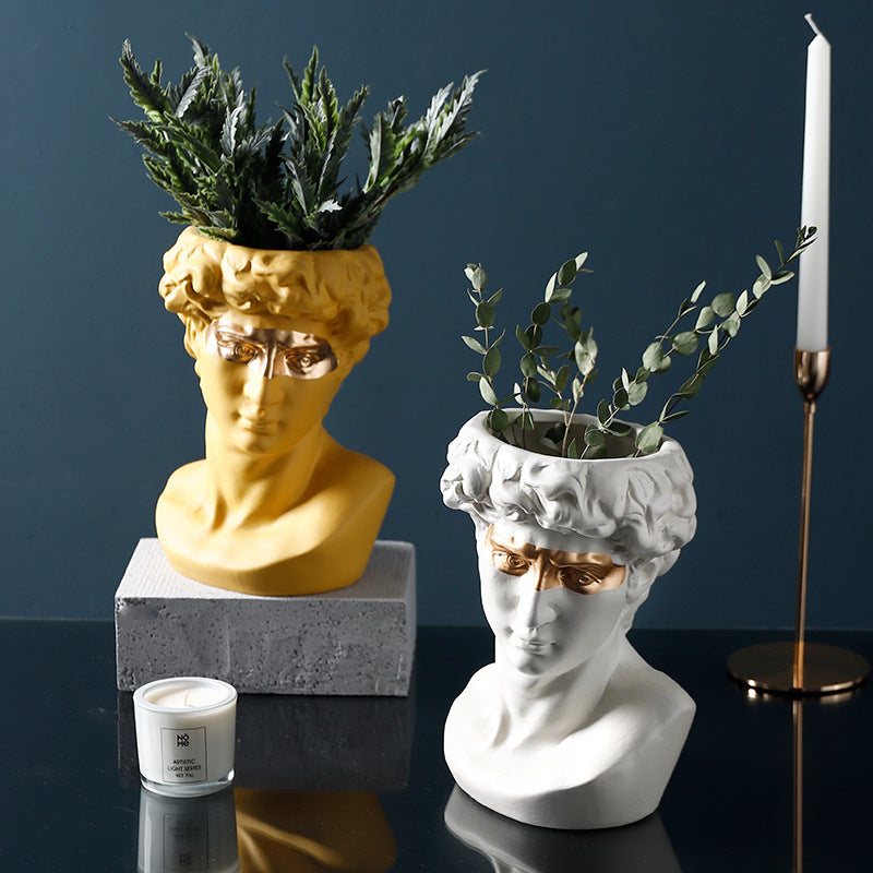 David Bust Planter with Golden Eye Mask Ceramic Vase Statue Flower Cactus Succulent Plant Pot