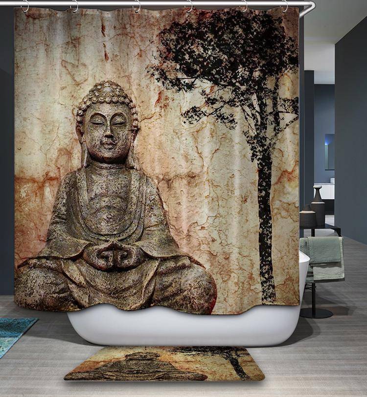 Retro Buddhism with Trees Zen Religious Buddha Shower Curtain