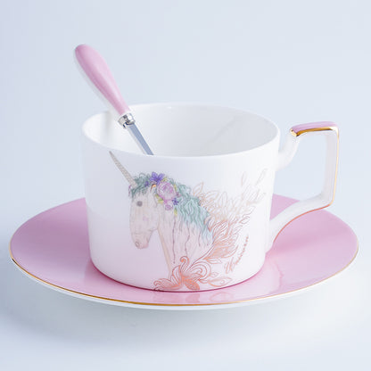 3 Pieces Girly Fantasy Unicorn Flower Coffee Tea Cup And Saucer Set with Spoon
