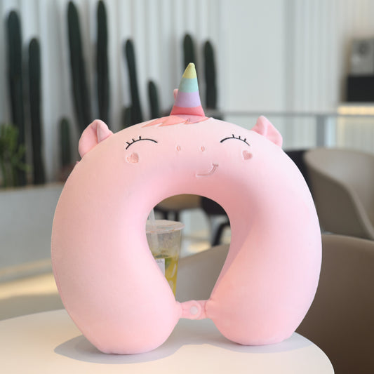 Pink Smiling Unicorn Neck Pillow Cartoon Plush Kids Chin Support Travel Sleeping Cushion