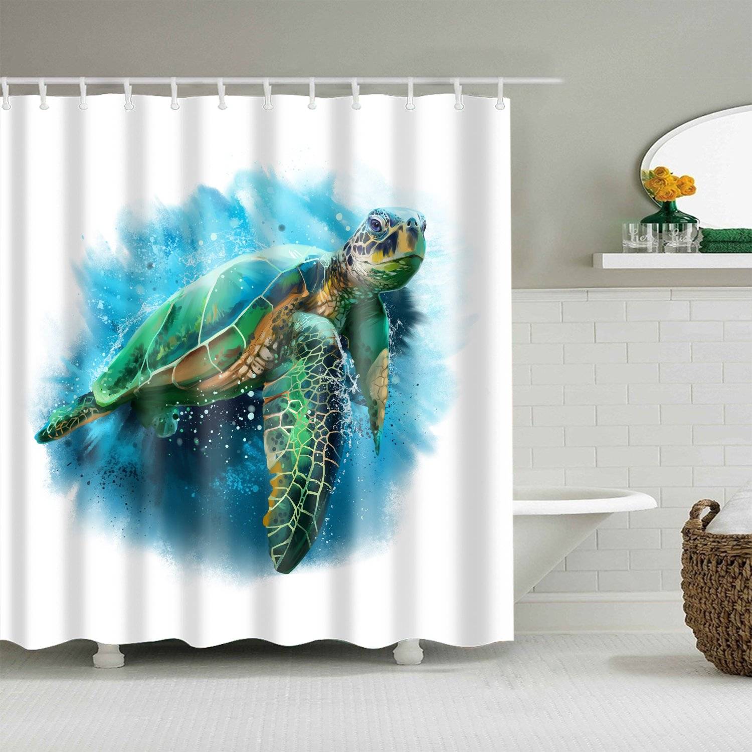 Realize Coral Watercolor Ocean Creatures Green Sea Turtle Shower Curtain