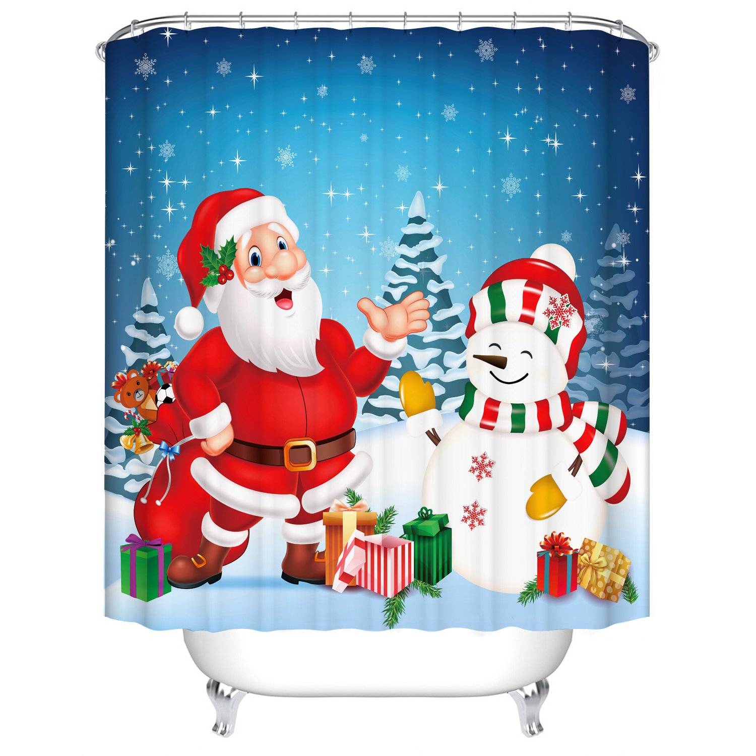 Santa with Snowman Kids Holiday Cartoon Christmas Shower Curtain