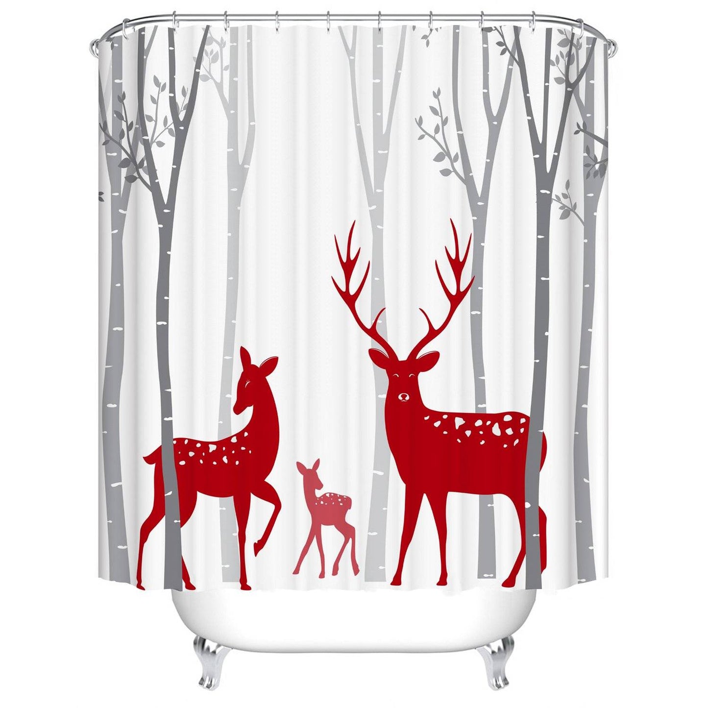 Red Forest Animal Black Trees Winter Deer Family Shower Curtain