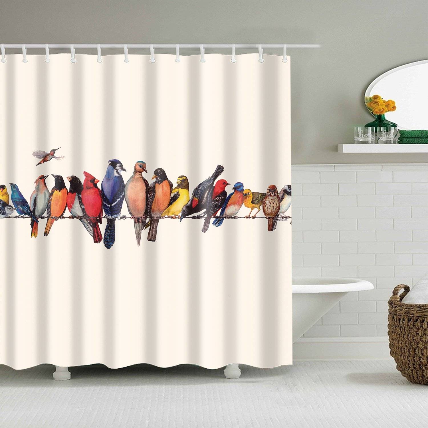 Retro Colorful Perched Birds Blue Red Cardinal Shower Curtain