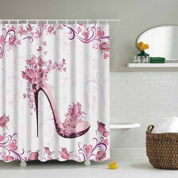 Pink Girly Flowers Butterfly Princess High Heels Shoes Shower Curtain