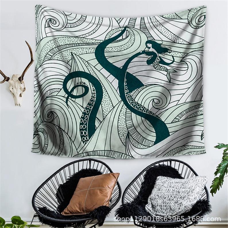 Green Octopus Art Mermaid with Tentacle Tapestry