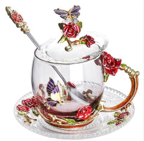 Girly Enamel Butterfly Tea Cup with Lids Plate Glass Saucer Set - 3 Pieces