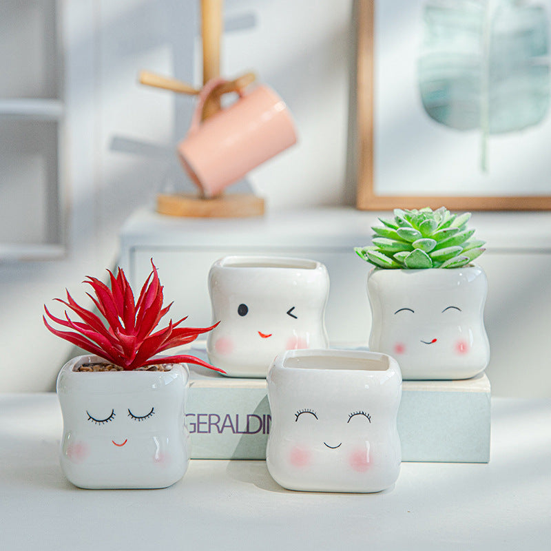 4 Packs Smiling Face Succulent Pots with Drainage White Square Tooth Shape Indoor Small Plant Cactus Planter