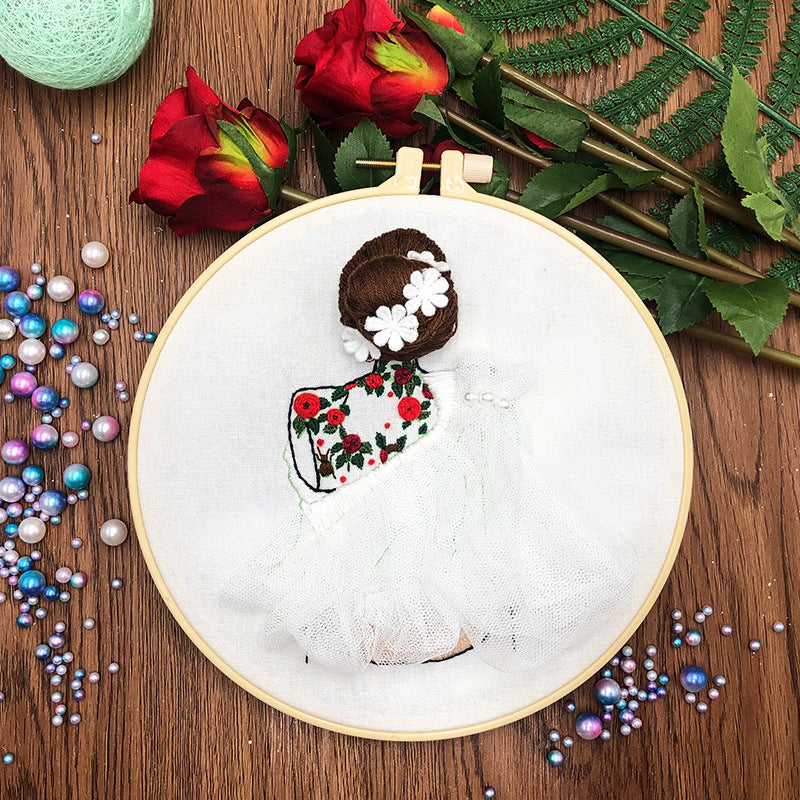 Wedding Embroidery Kits BFF Best Friend Rose Floral Girl with Dress and Beautiful Hairstyle Cross Stitch