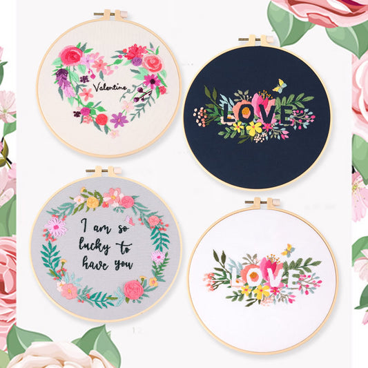 Love Quotes with Floral Around Embroidery Kits