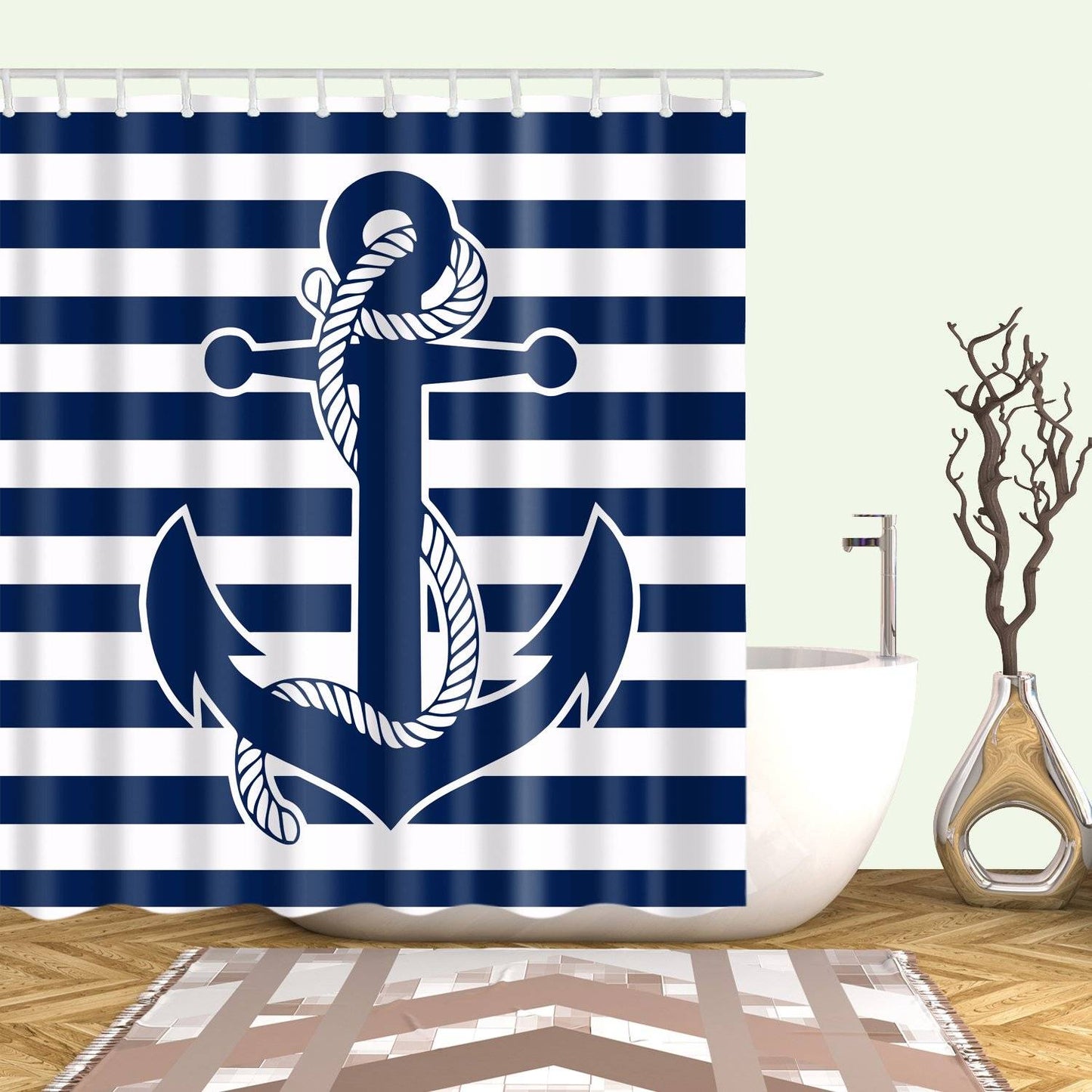Navy Blue Stripe Nautical Anchor Shower Curtain