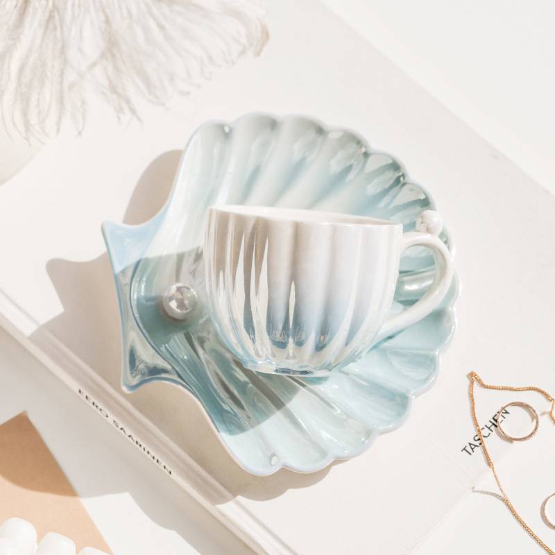 Pearl Shaped Tea Cup And Saucer Set Seashell Ocean Coffee Teacup with Plate Spoon - 3 Pieces