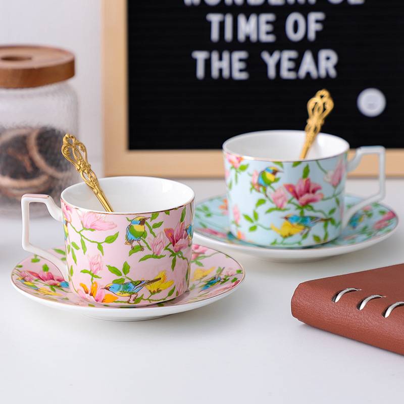 3 Pieces Bird Hanging on Leaf Floral Coffee Mug Tea Cup And Saucer Set