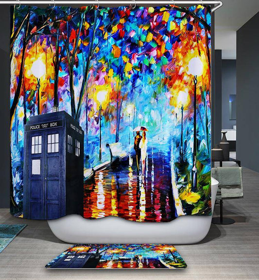 Tardis Police Box at Paris City Rainy Day Doctor Who Shower Curtain