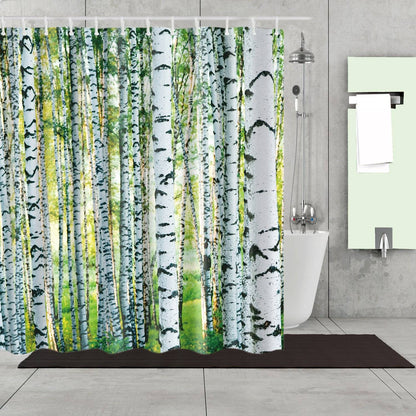 Green Silver Branches Mottled Trunk Forest Scene Birch Tree Shower Curtain