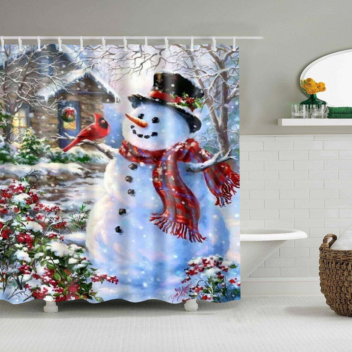 Christmas Winter Bird with Country Outhouse Snowman Shower Curtain