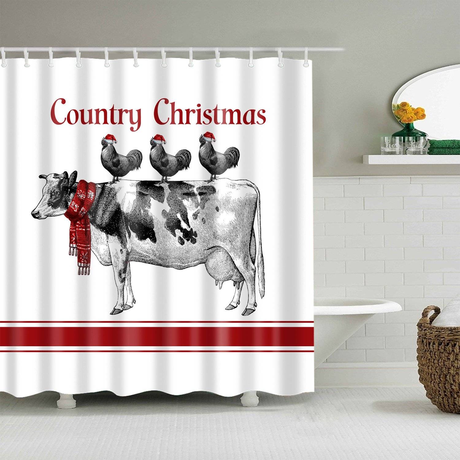 Farmhouse Animal Cow with Chickens Country Christmas Shower Curtain