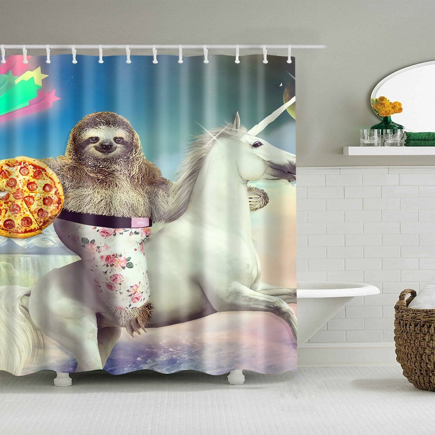 Knight Catfish with Pizza Sloth Riding Unicorn Shower Curtain