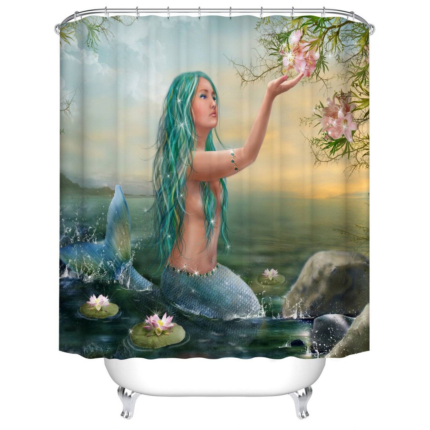 Beautiful Hair with Zen Style Lotus at Coastal Blue Mermaid Shower Curtain