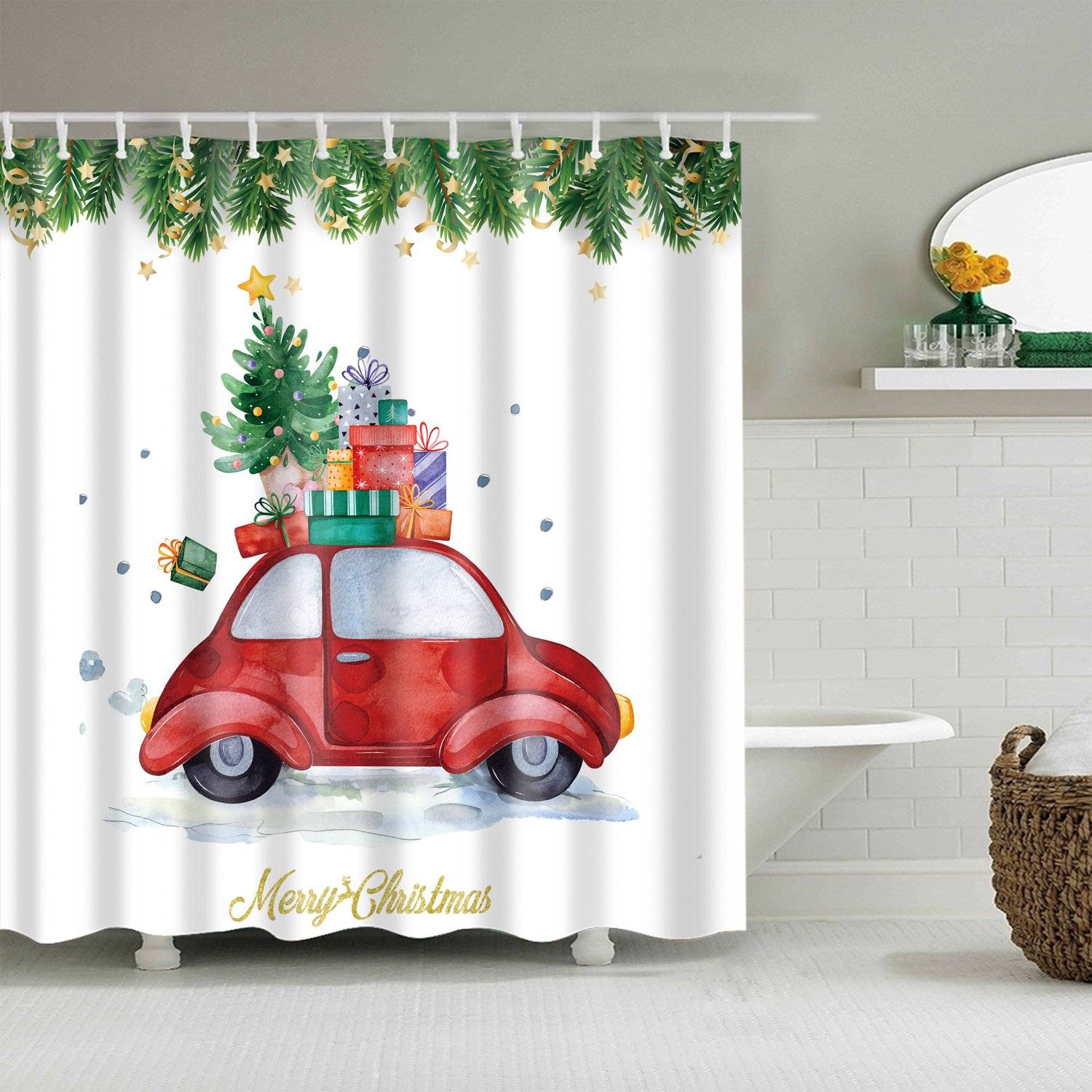 Xmas Gift on Head Christmas Red Car Shower Curtain