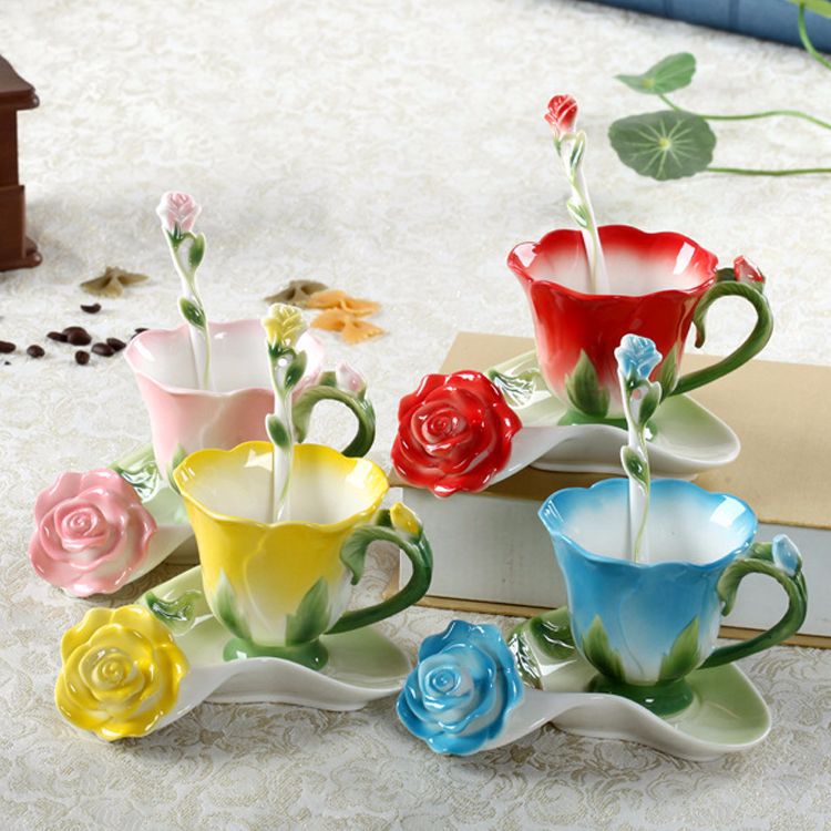 3 Pieces Rose Tea Cup And Saucer Set Colorful Flower Shaped Plate China Teacup