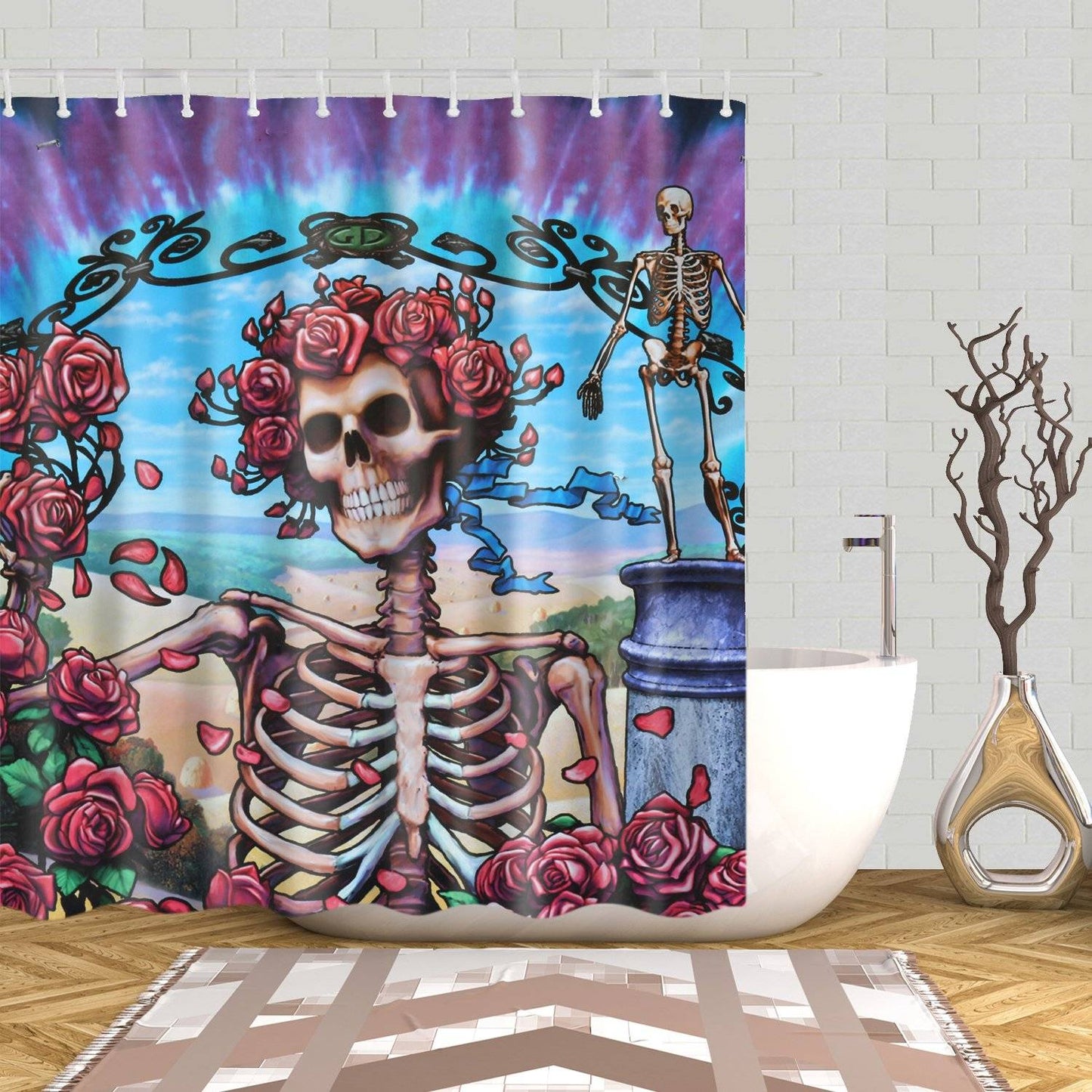 Rose Skull Grateful Dead Shower Curtain Blues for Challah Bathroom Decor