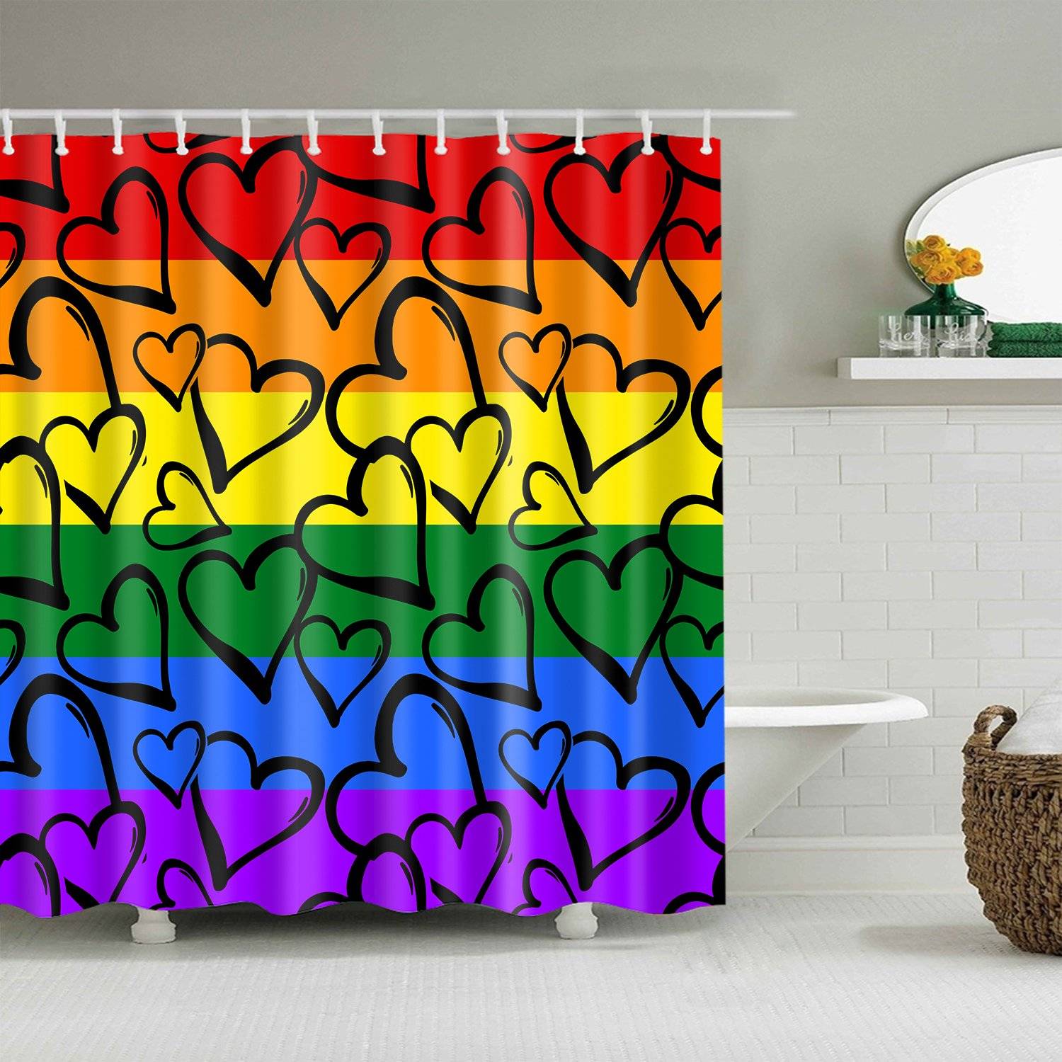 Doodle Grunge Rainbow Colored Striped Hearts Gay Pride Shower Curtain